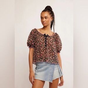 Free People Women's Astra Floral Print Top Blouse Boho Black Combo Size M